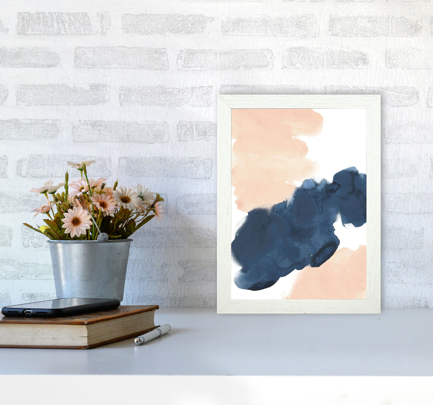 Aztec Blush and Navy Watercolour 02 Art Print by Pixy Paper A4 Oak Frame