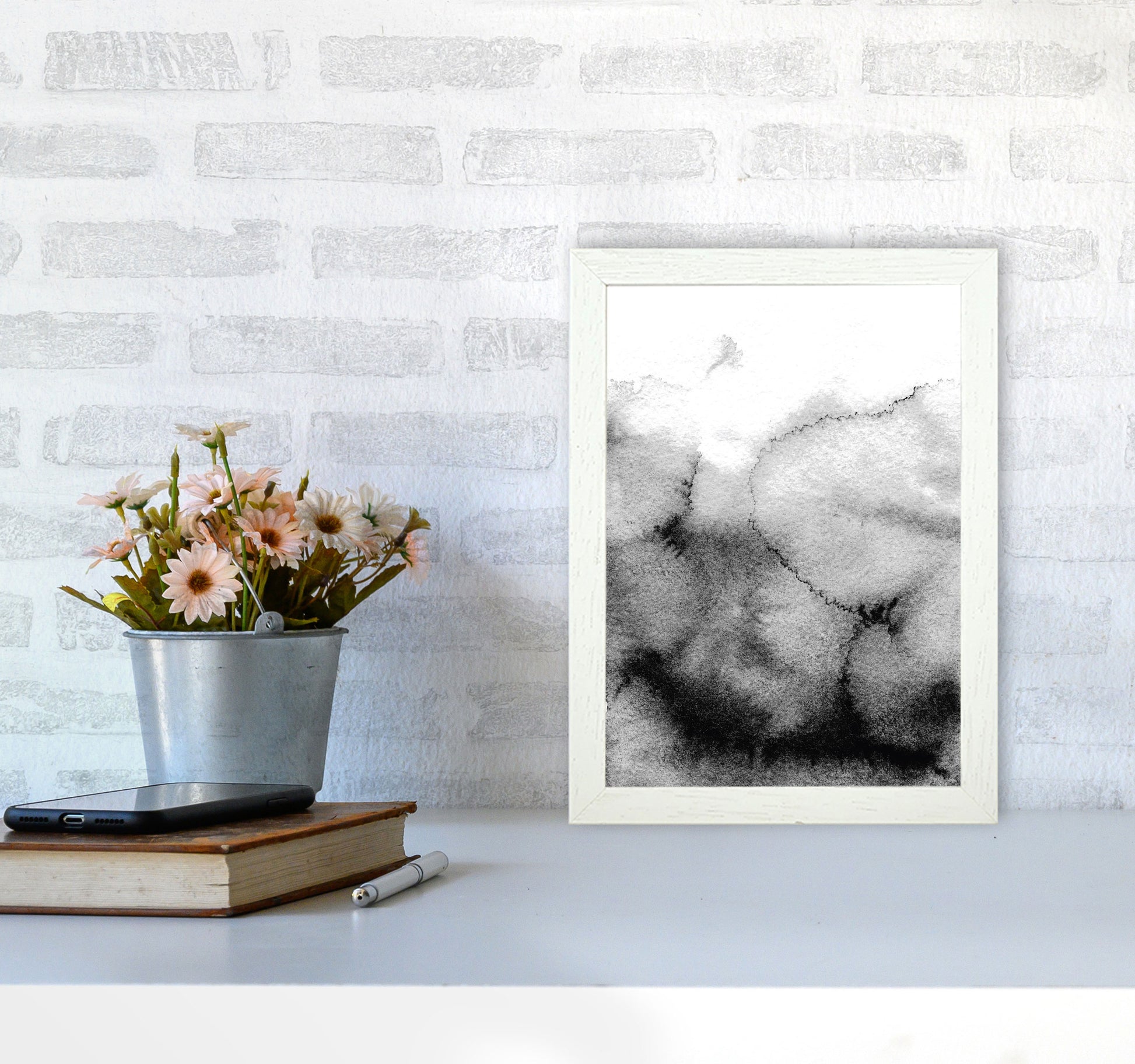Majestic Monochrome Watercolour 09 Art Print by Pixy Paper A4 Oak Frame
