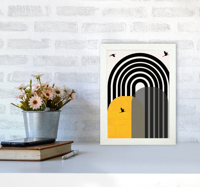 Giant rainbow with birds mustard Art Print by Pixy Paper A4 Oak Frame