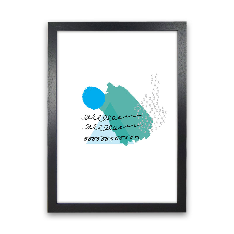 Teal And Blue Mountain Sun Abstract Modern Print Black Grain