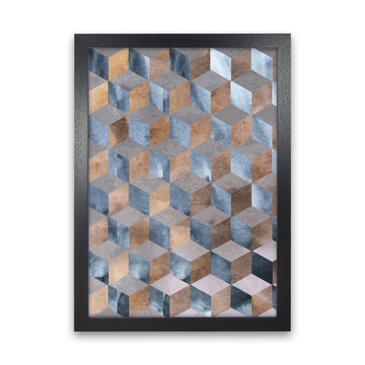 Blue, Grey And Brown Abstract Watercolour Box Modern Print Black Grain