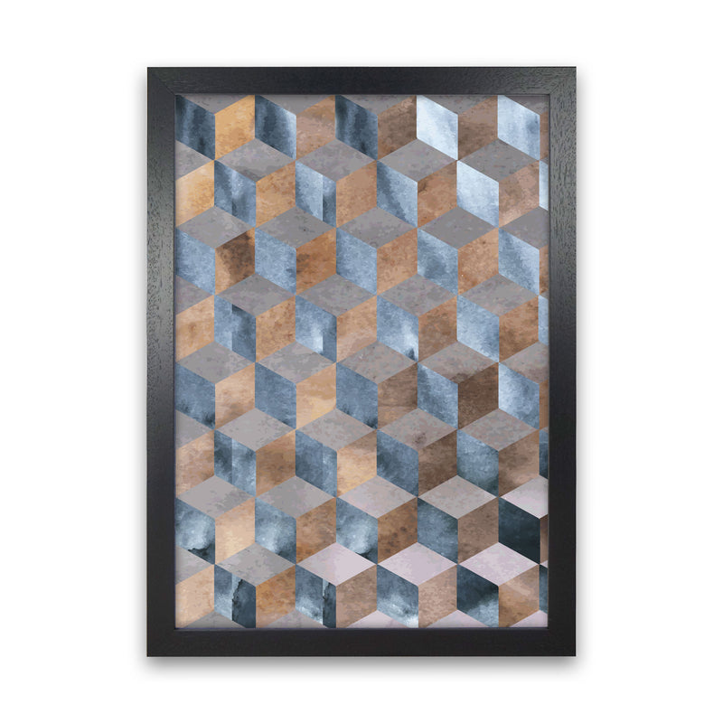 Blue, Grey And Brown Abstract Watercolour Box Modern Print Black Grain