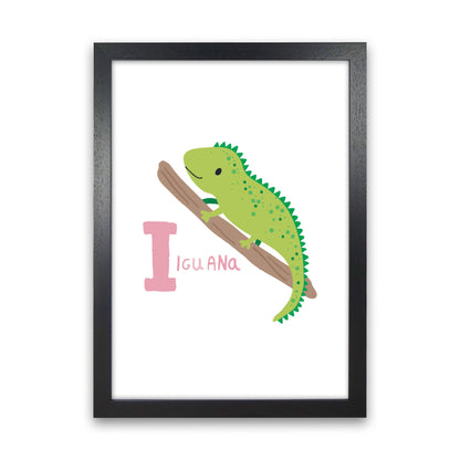 Alphabet Animals, I Is For Iguana Framed Nursey Wall Art Print Black Grain