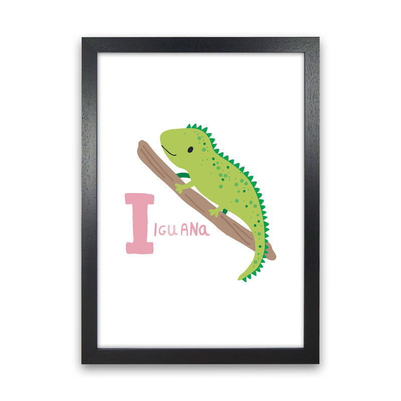 Alphabet Animals, I Is For Iguana Framed Nursey Wall Art Print Black Grain