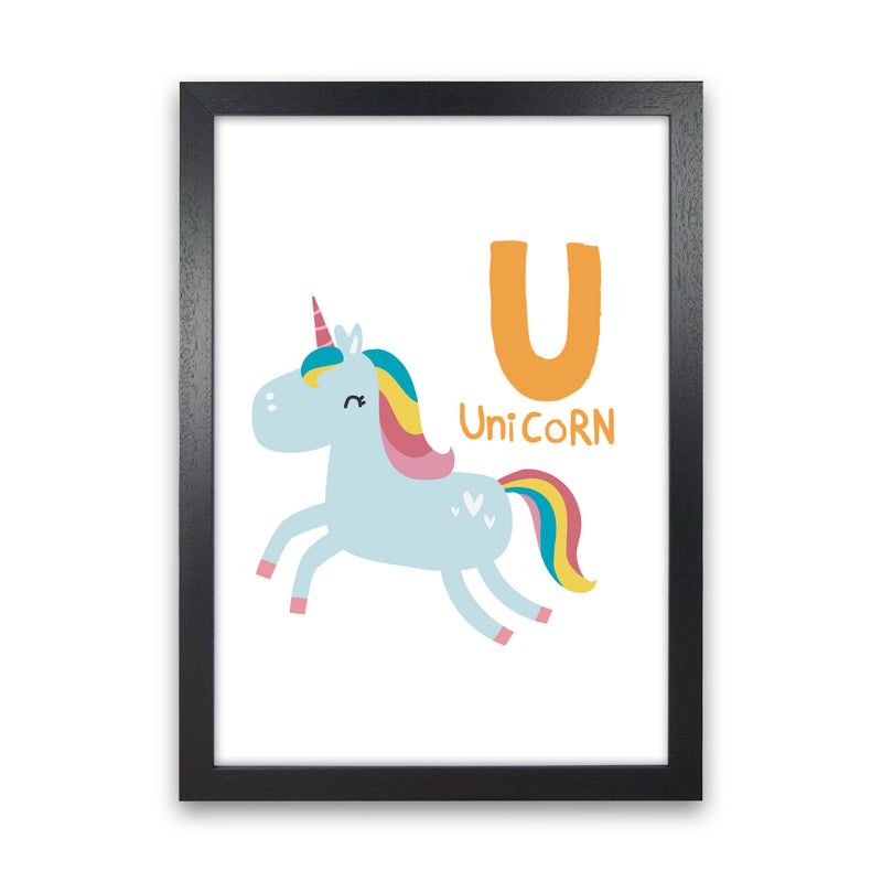 Alphabet Animals, U Is For Unicorn Framed Nursey Wall Art Print Black Grain