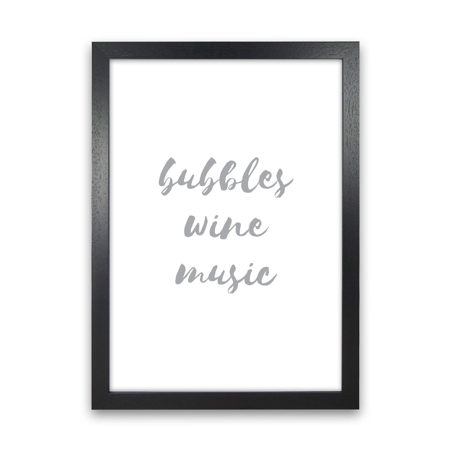Bubbles Wine Music Grey, Bathroom Framed Typography Wall Art Print Black Grain
