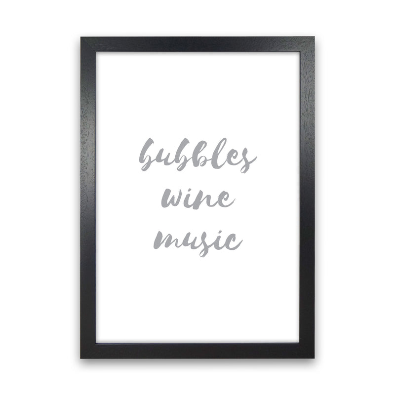 Bubbles Wine Music Grey, Bathroom Framed Typography Wall Art Print Black Grain