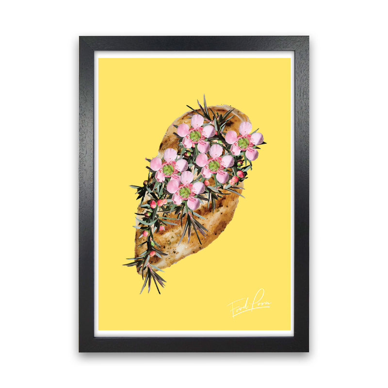 Yellow Chicken Food Print, Framed Kitchen Wall Art Black Grain