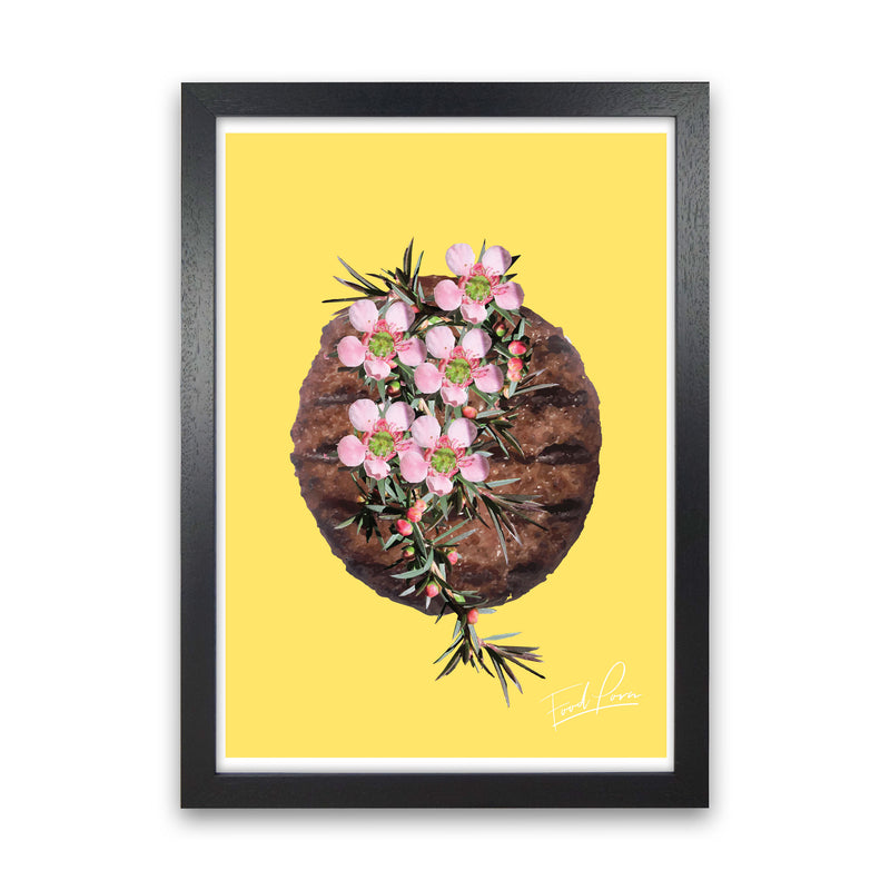 Yellow Burger Food Print, Framed Kitchen Wall Art Black Grain