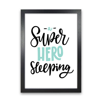 Superhero Sleeping Mint And Black Framed Nursey Wall Art Print Black Grain