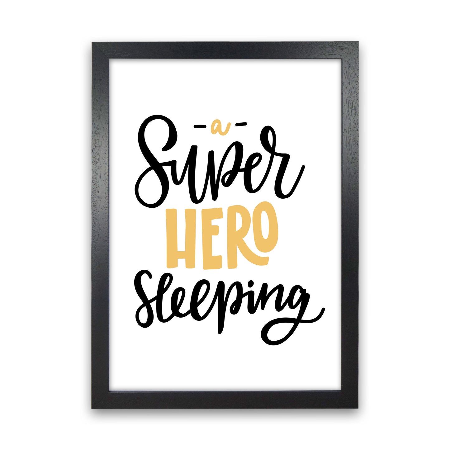 Superhero Sleeping Mustard And Black Framed Nursey Wall Art Print Black Grain