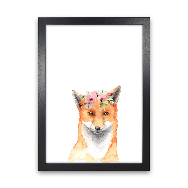 Forest Friends, Floral Fox Modern Print Animal Art Print Black Grain