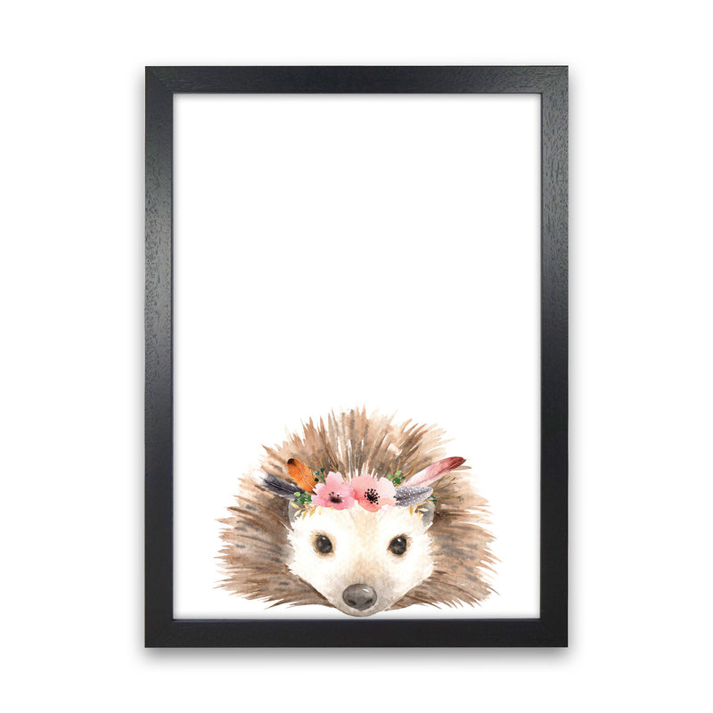 Forest Friends, Floral Cute Hedgehog Modern Print Animal Art Print Black Grain
