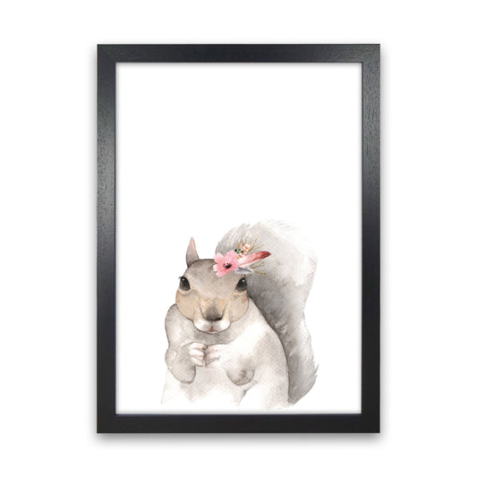 Forest Friends, Floral Cute Squirrel Modern Print Animal Art Print Black Grain