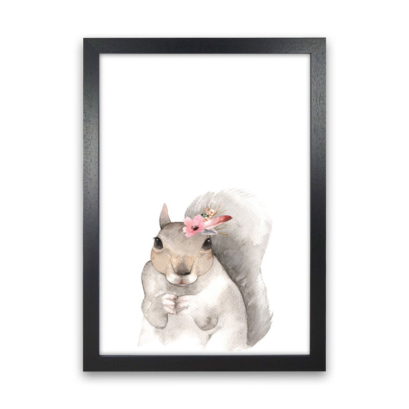Forest Friends, Floral Cute Squirrel Modern Print Animal Art Print Black Grain