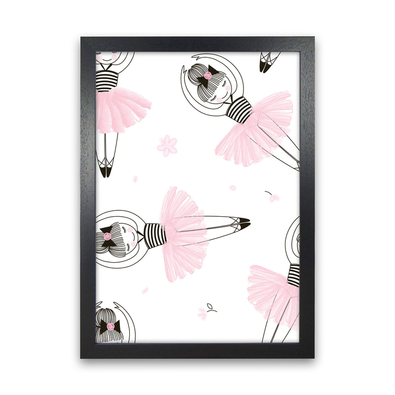 Ballerina Repeat Pattern Framed Nursey Wall Art Print Black Grain