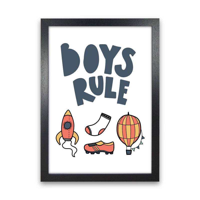 Boys Rule Illustrations Framed Nursey Wall Art Print Black Grain