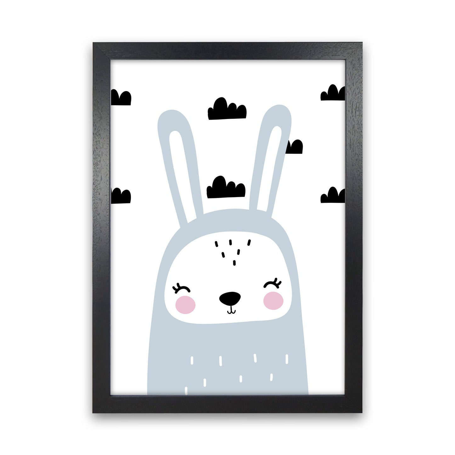 Blue Scandi Bunny With Clouds Modern Print Animal Art Print Black Grain