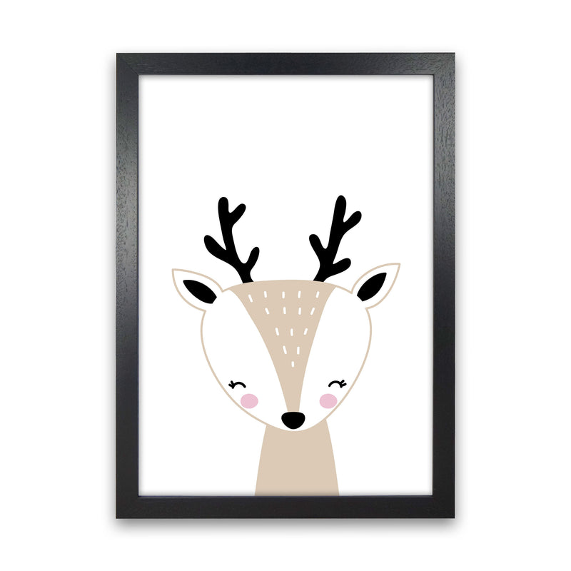 Scandi Beige Deer Framed Nursey Wall Art Print Black Grain