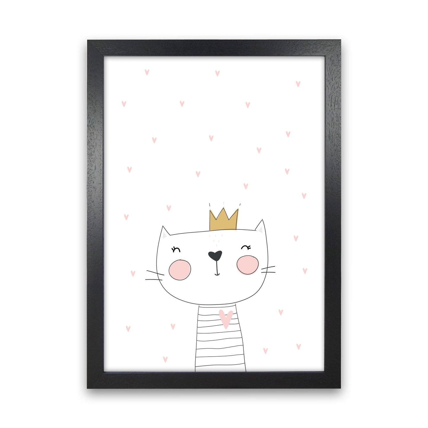 Scandi Cute Cat With Crown And Stars Framed Nursey Wall Art Print Black Grain
