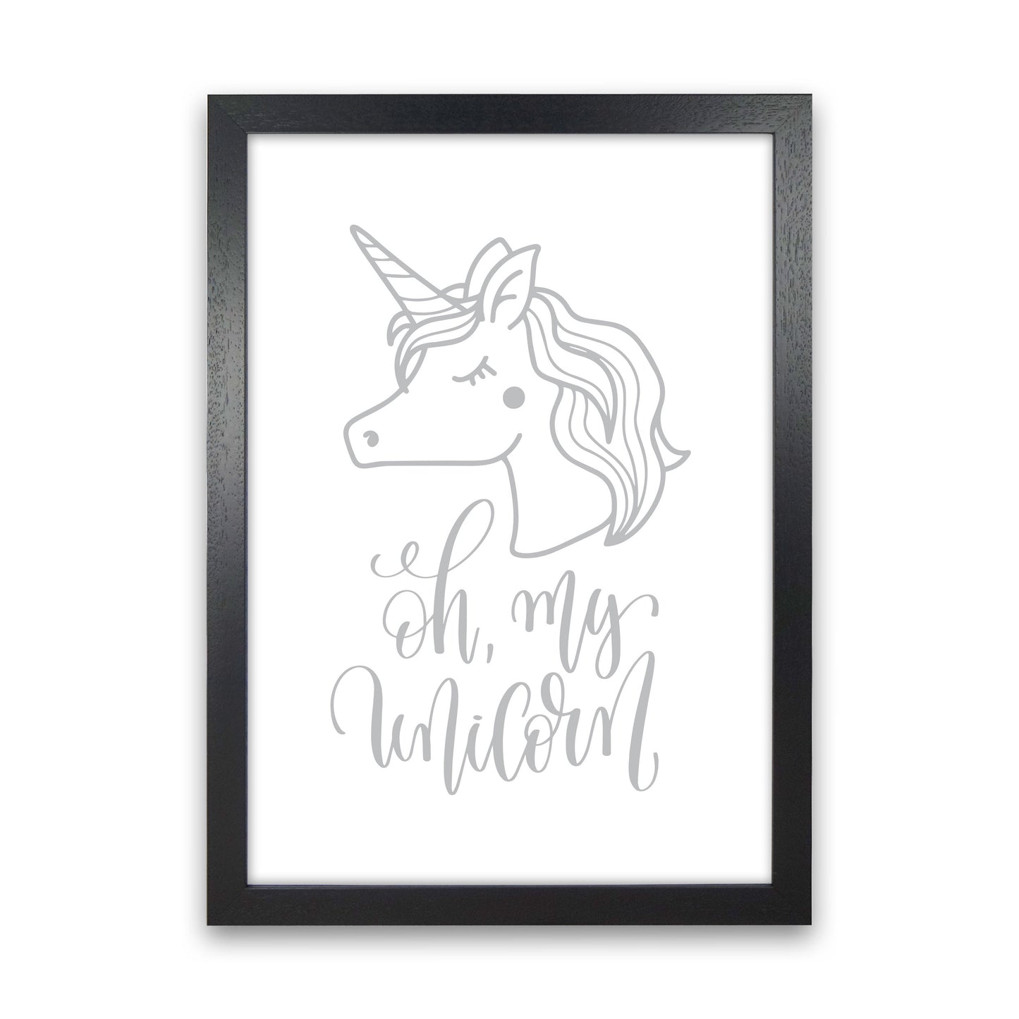Oh My Unicorn Grey Framed Nursey Wall Art Print Black Grain
