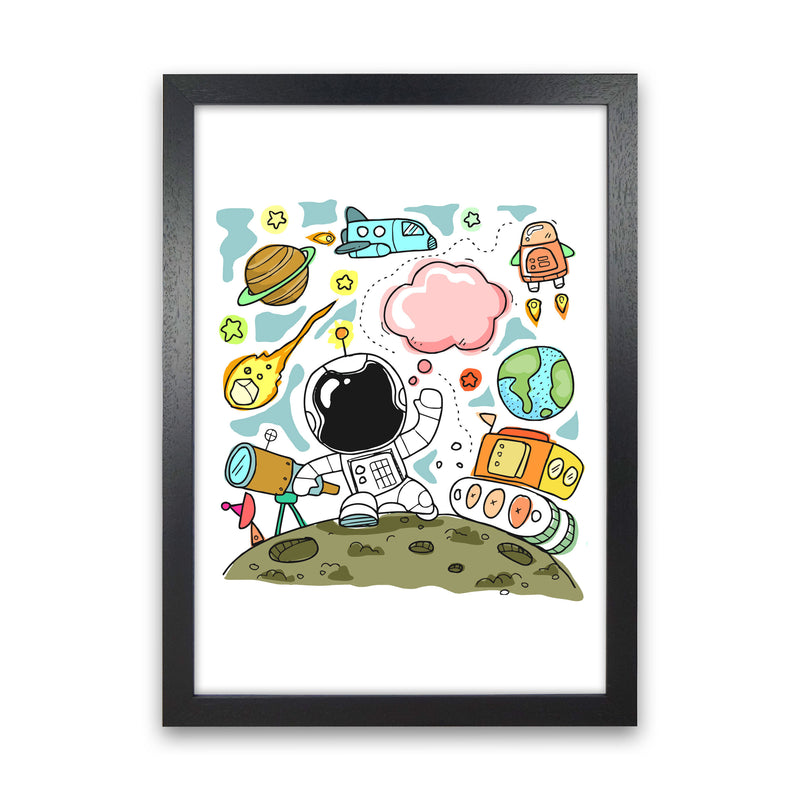 Space Illustration Framed Nursey Wall Art Print Black Grain