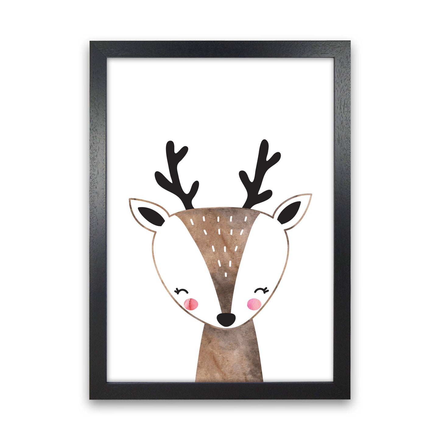 Scandi Brown Deer Watercolour Framed Nursey Wall Art Print Black Grain
