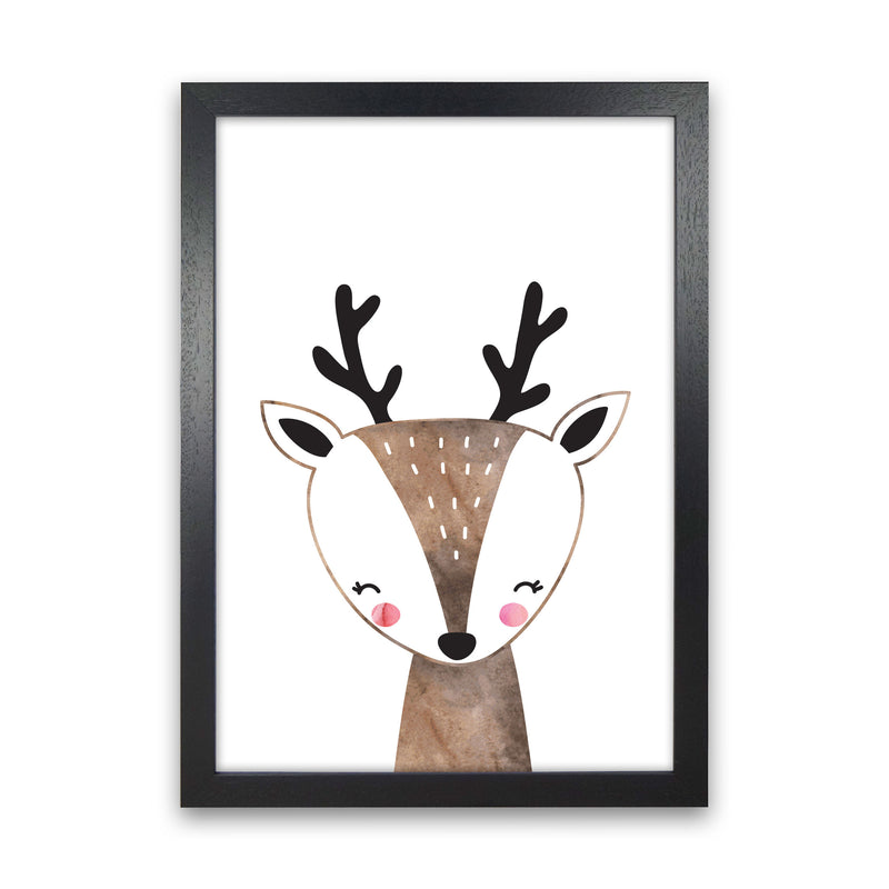 Scandi Brown Deer Watercolour Framed Nursey Wall Art Print Black Grain
