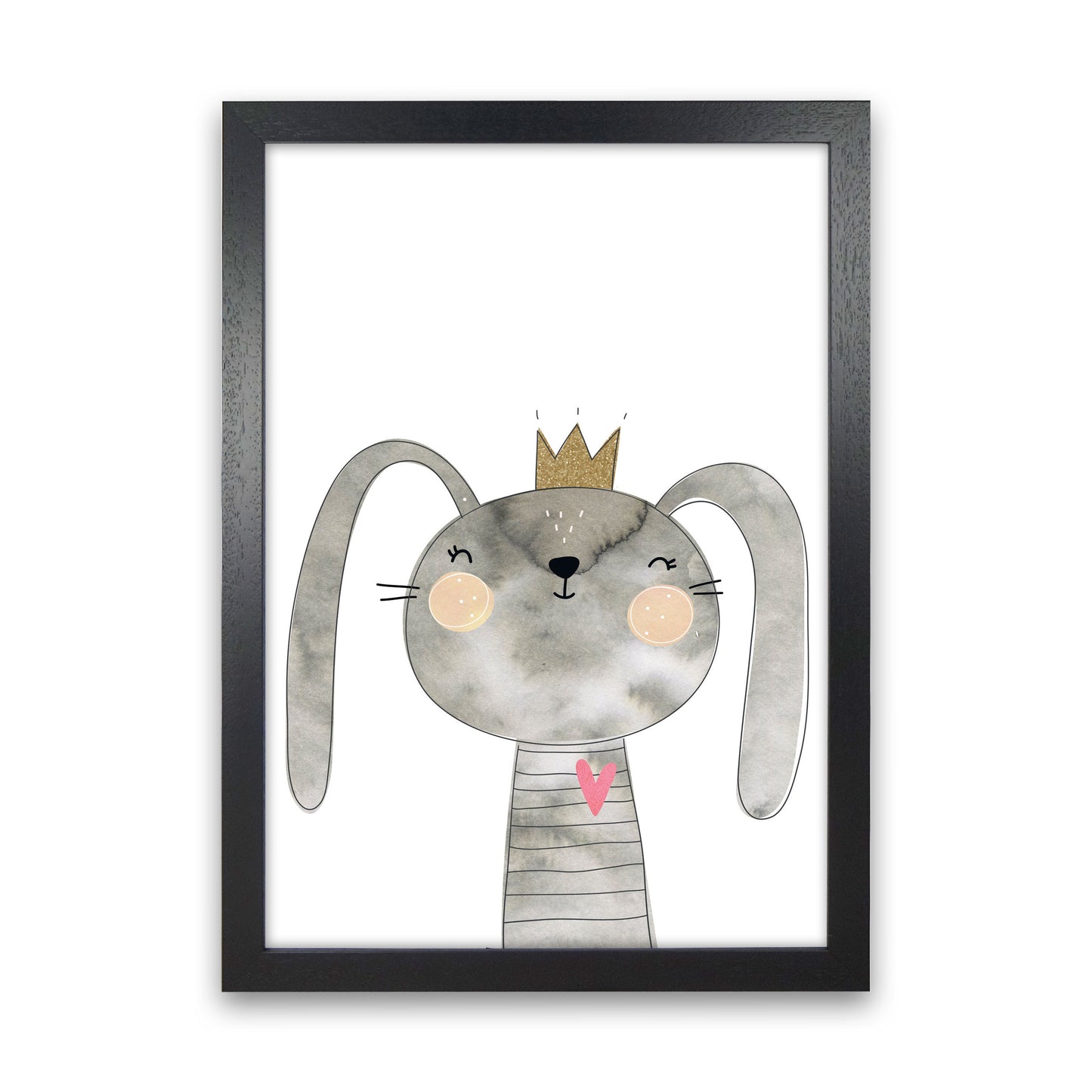 Scandi Grey Bunny Watercolour Framed Nursey Wall Art Print Black Grain