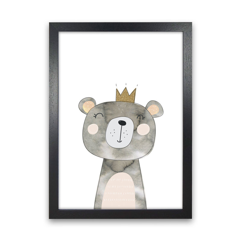 Scandi Grey Bear Watercolour Framed Nursey Wall Art Print Black Grain