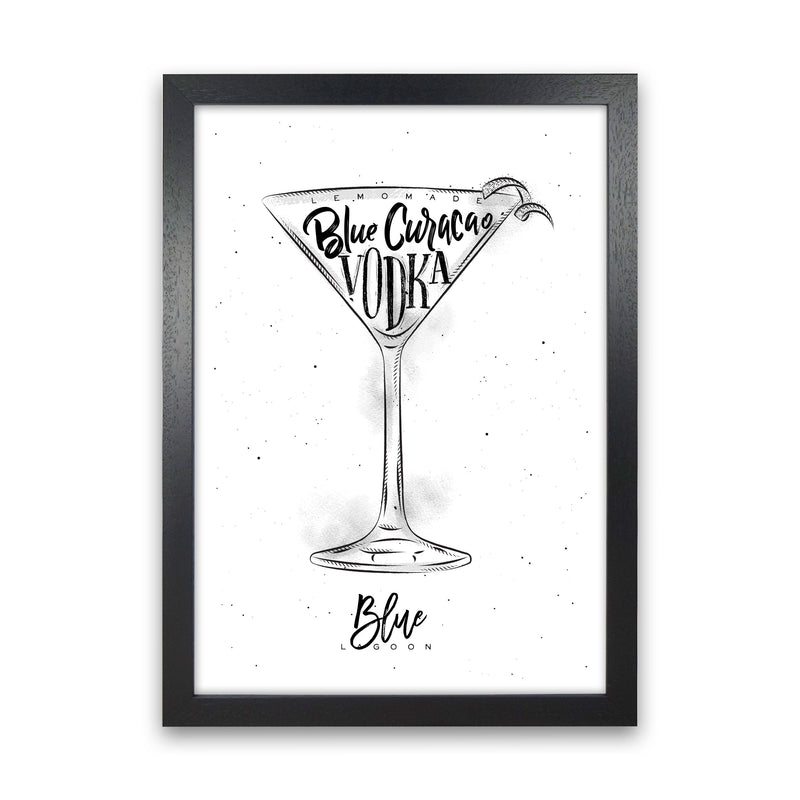 Blue Lagoon Cocktail Modern Print, Framed Kitchen Wall Art Black Grain