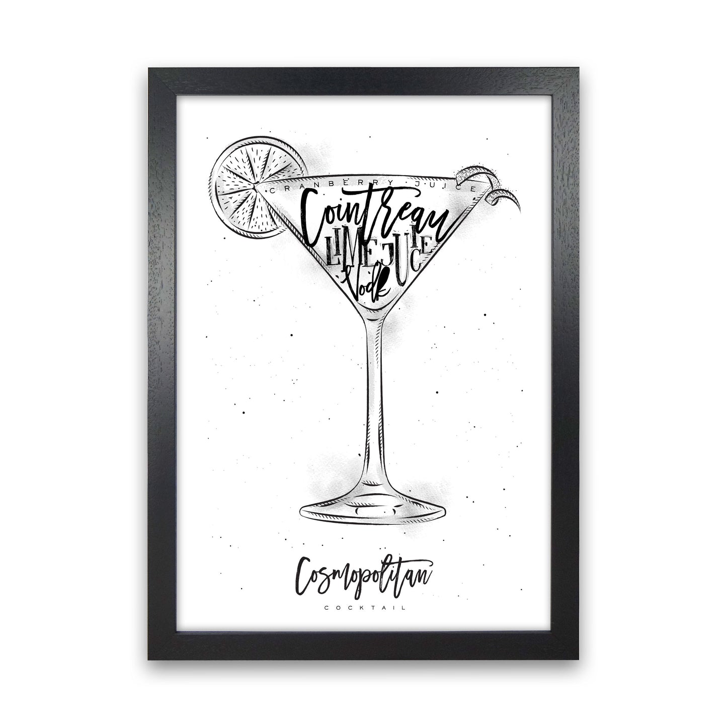 Cosmopolitan Cocktail Modern Print, Framed Kitchen Wall Art Black Grain