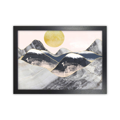 Gold Moon Navy Marble Mountains Landscape  Art Print by Pixy Paper Black Grain