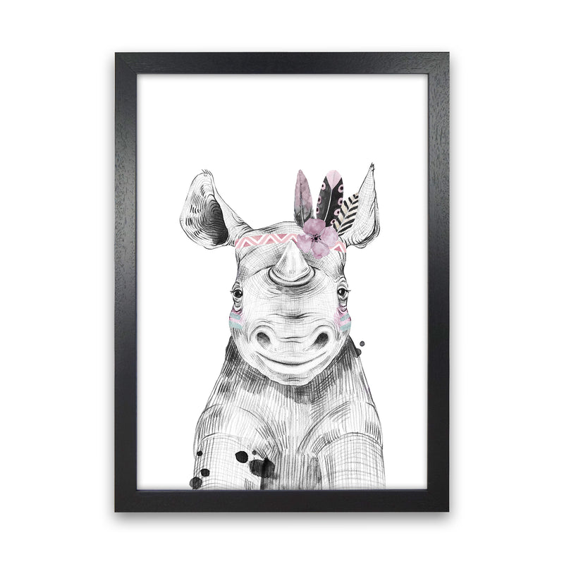 Safari Babies Rhino With Head Feathers  Art Print by Pixy Paper Black Grain