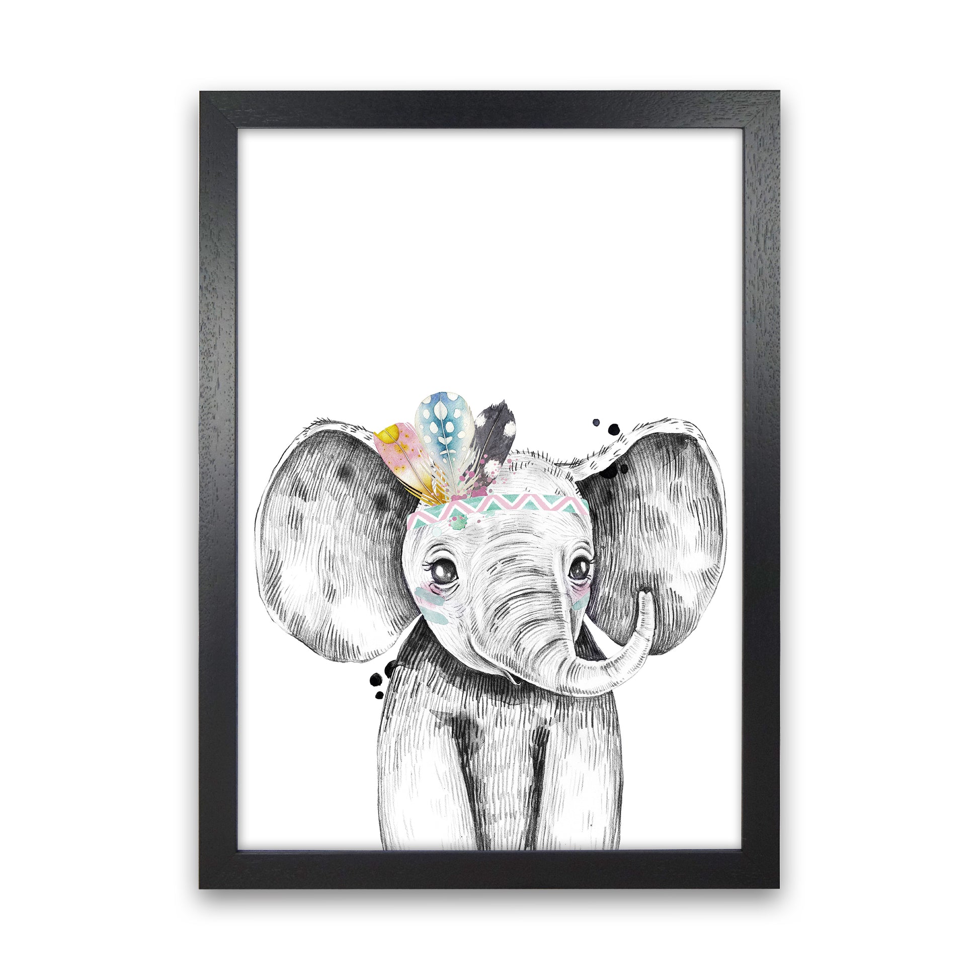 Safari Babies Elephant With Feathers  Art Print by Pixy Paper Black Grain