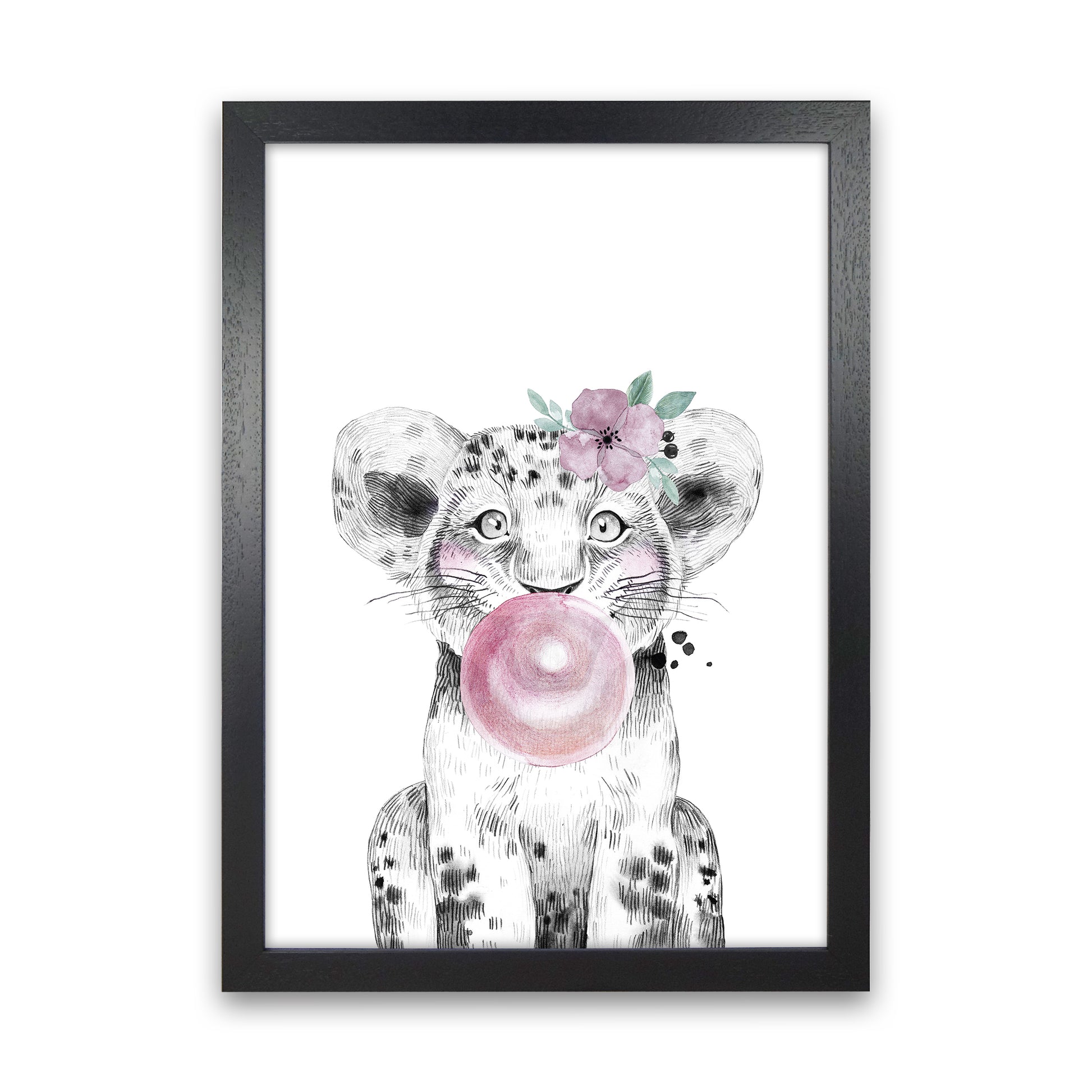 Safari Babies Tiger With Bubble  Art Print by Pixy Paper Black Grain