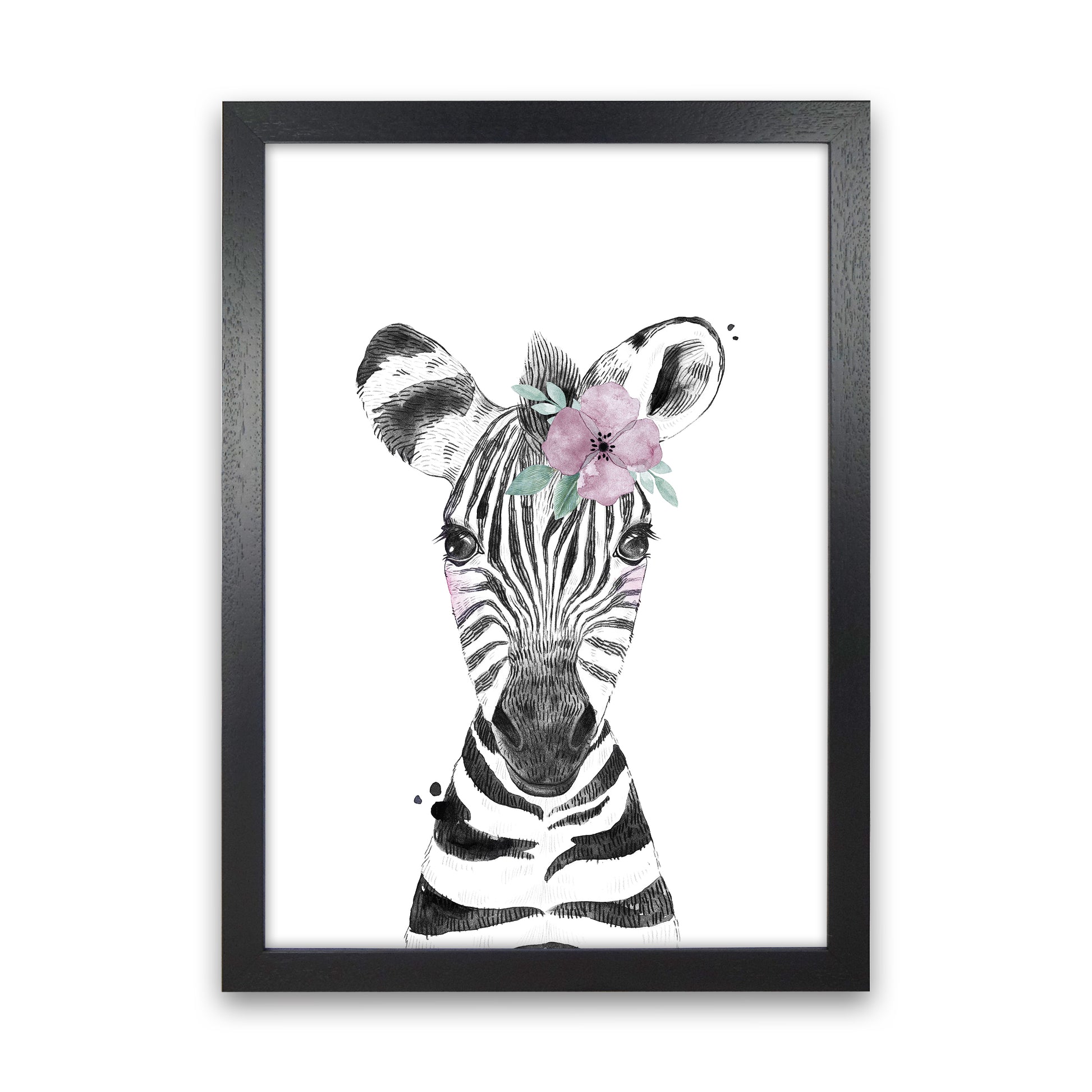 Safari Babies Zebra With Flower  Art Print by Pixy Paper Black Grain