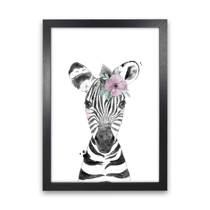 Safari Babies Zebra With Flower  Art Print by Pixy Paper Black Grain
