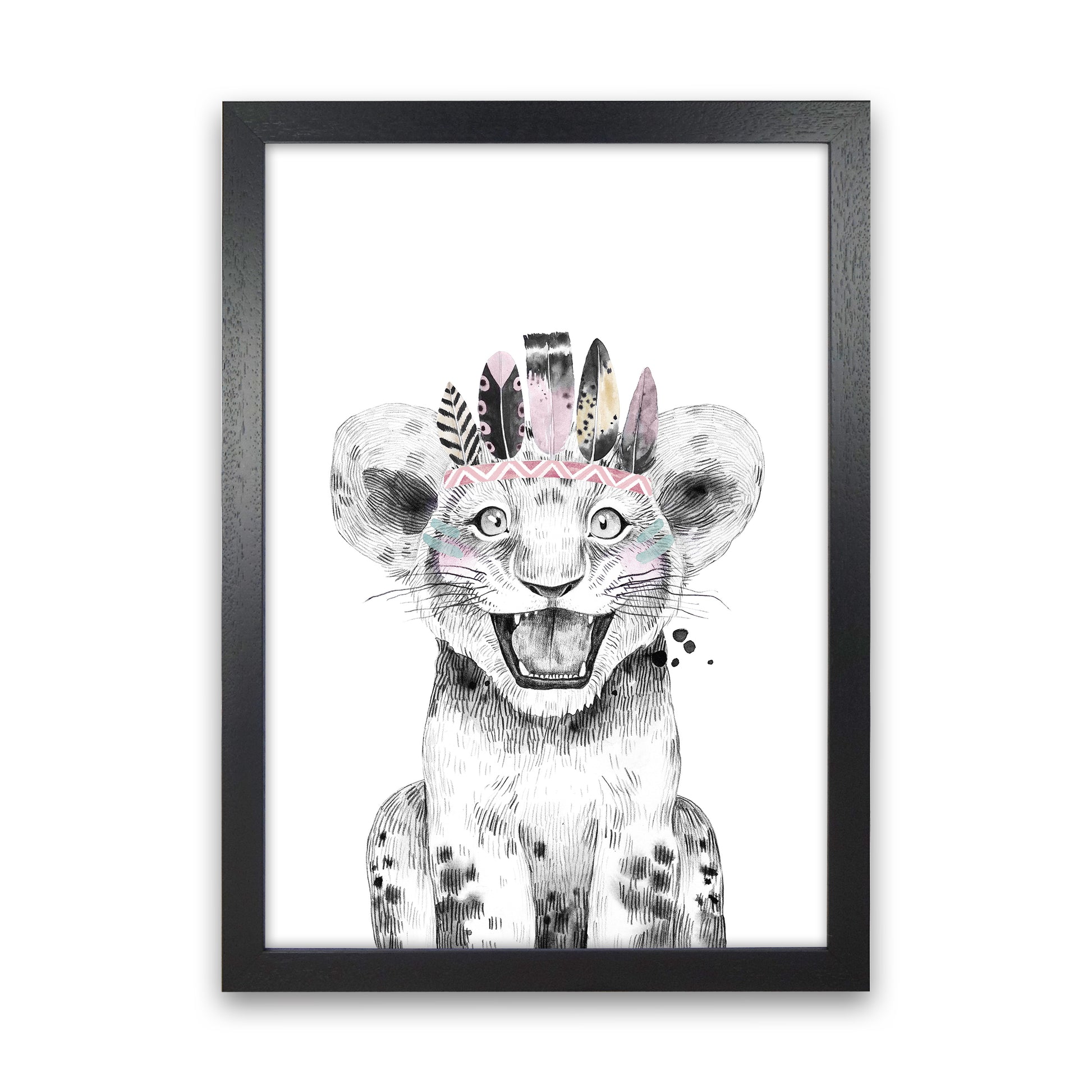 Safari Babies Tiger Feathers  Art Print by Pixy Paper Black Grain