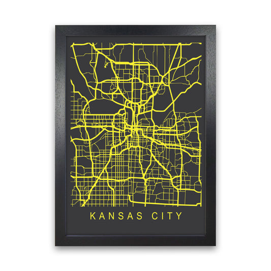 Kansas City Map Neon Art Print by Pixy Paper Black Grain