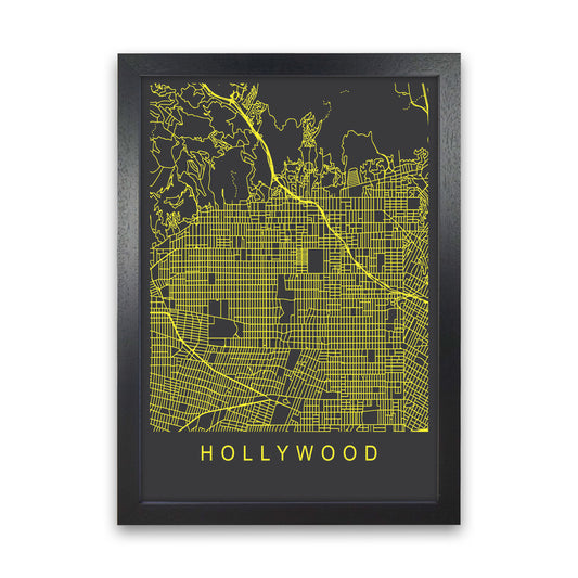 Hollywood Map Neon Art Print by Pixy Paper Black Grain