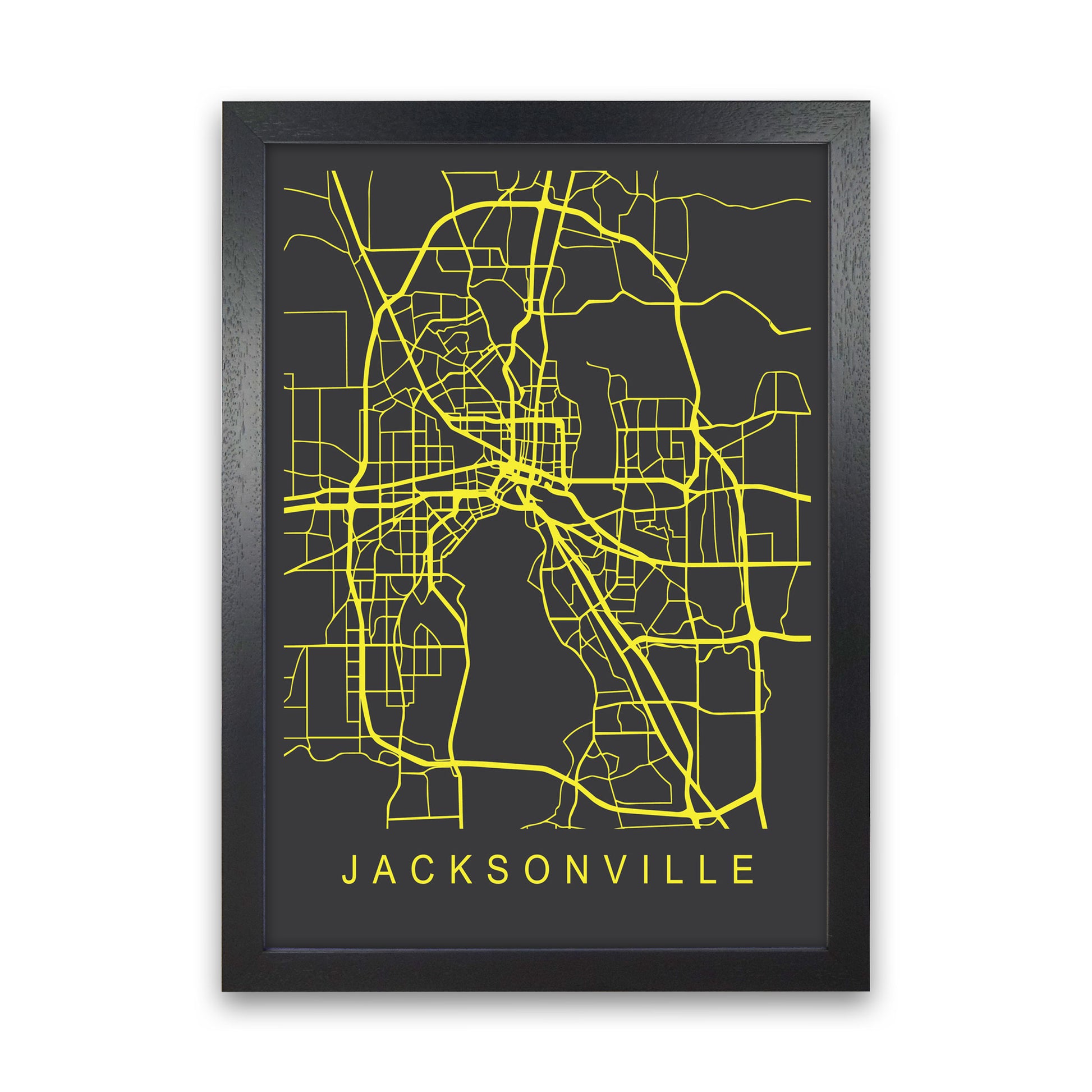 Jacksonville Map Neon Art Print by Pixy Paper Black Grain