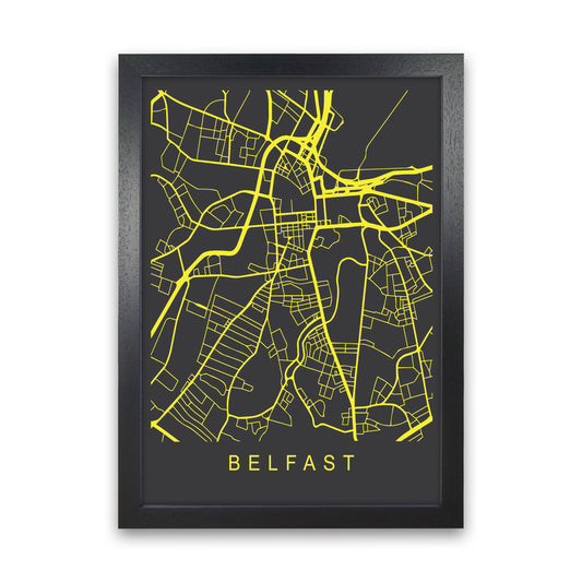 Belfast Map Neon Art Print by Pixy Paper Black Grain
