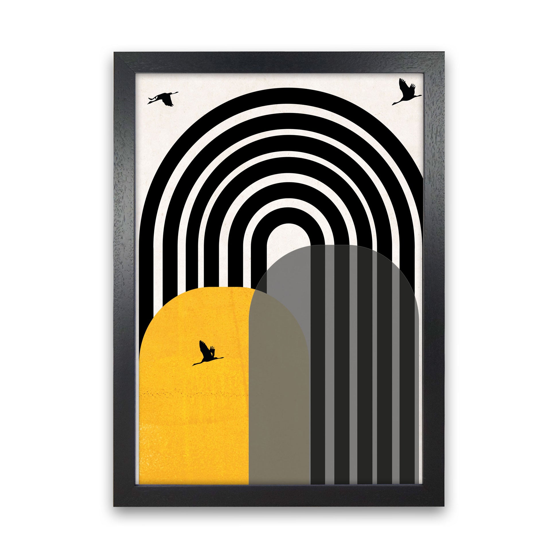 Giant rainbow with birds mustard Art Print by Pixy Paper Black Grain