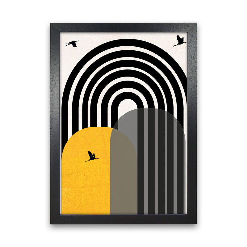 Giant rainbow with birds mustard Art Print by Pixy Paper Black Grain