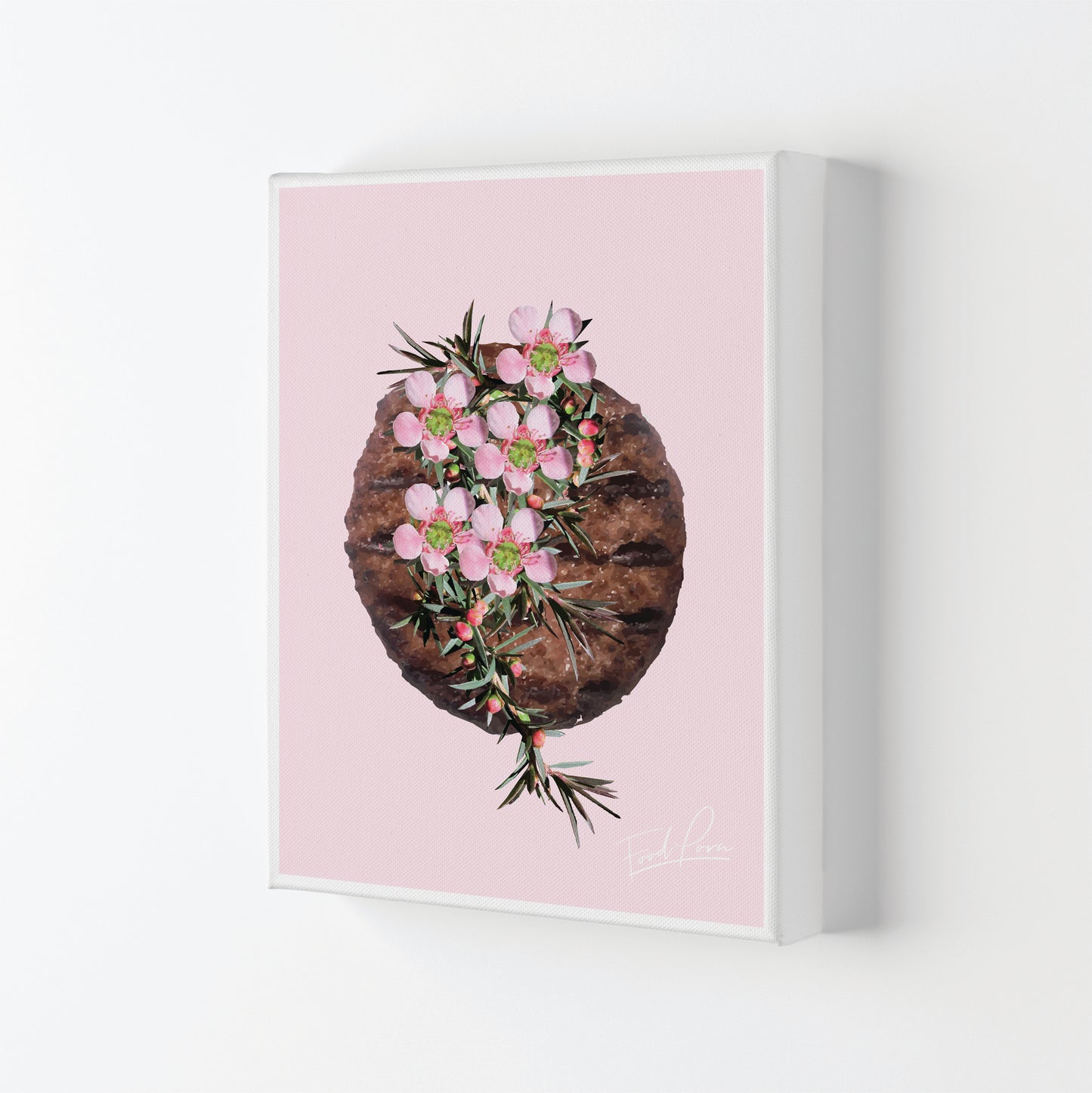 Pink Burger Floral Food Print, Framed Kitchen Wall Art Canvas