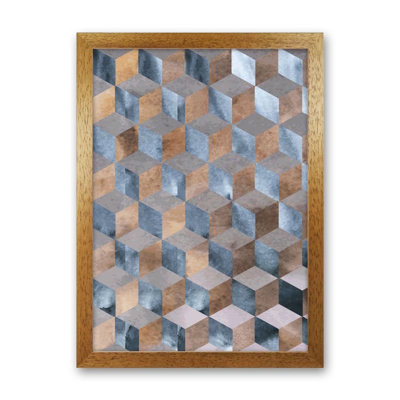 Blue, Grey And Brown Abstract Watercolour Box Modern Print Oak Grain