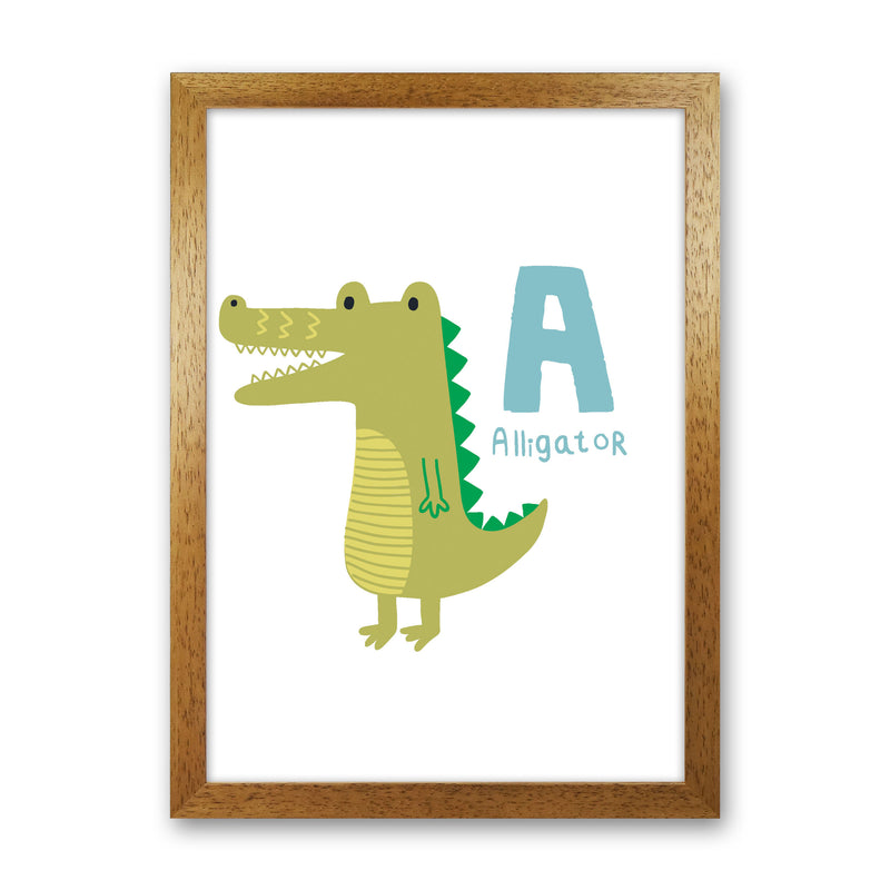 Alphabet Animals, A Is For Alligator Framed Nursey Wall Art Print Oak Grain