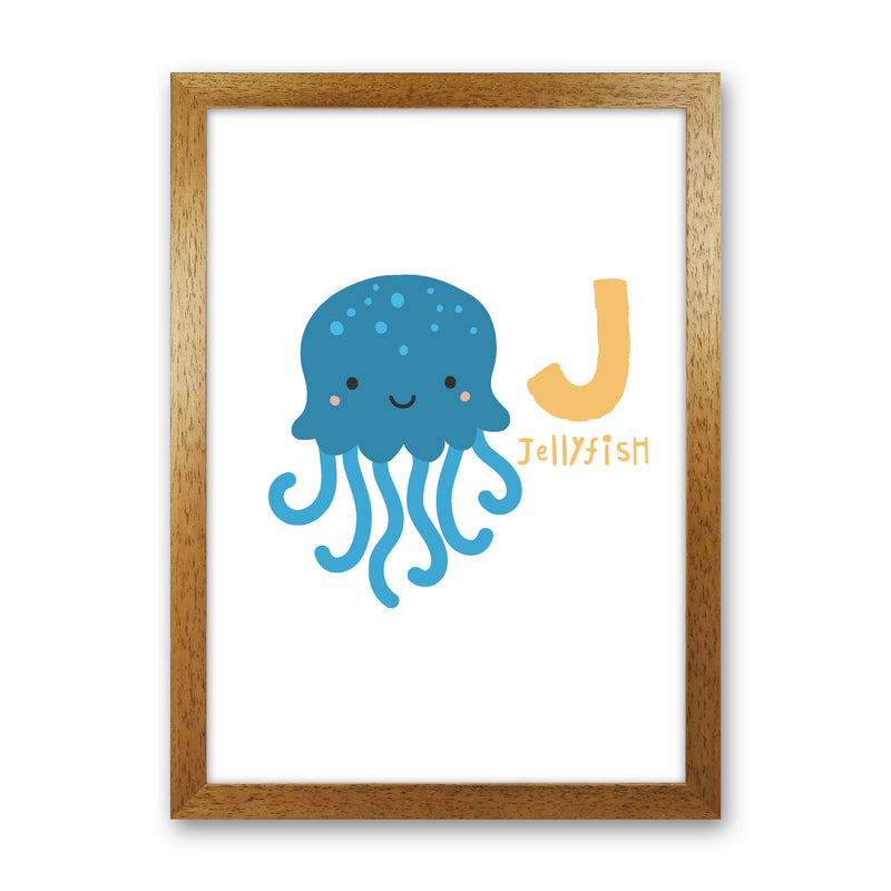 Alphabet Animals, J Is For Jellyfish Framed Nursey Wall Art Print Oak Grain