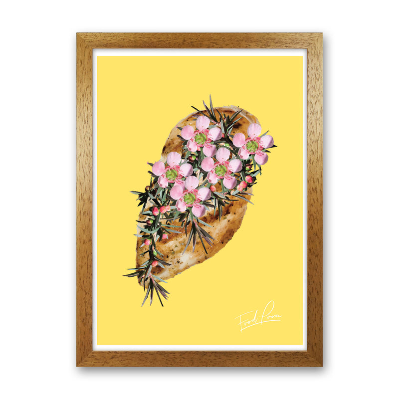 Yellow Chicken Food Print, Framed Kitchen Wall Art Oak Grain